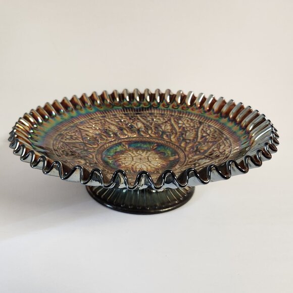 Fenton Carnival Glass Bowl Iridescent Ruffled Edge Hearts Pattern 11" Bowl - Picture 2 of 12